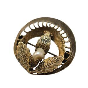 Antique Brass Or Possibly Gold Filled Leaf And Pearl Brooch (A8157)